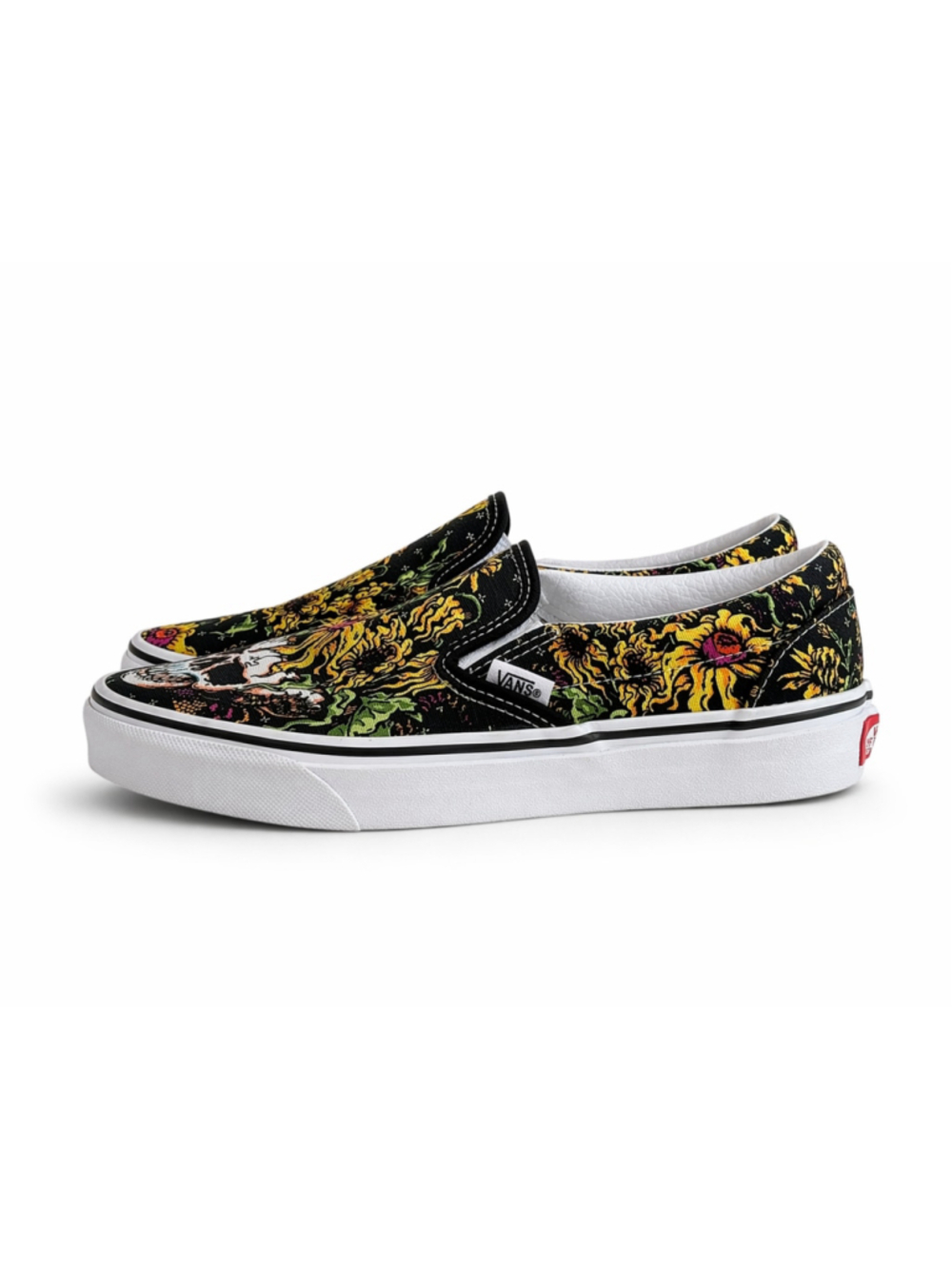 Vans Unisex Slip-On Beauty Skull Black/White Sunflower Floral Skate Shoes Sz W 6